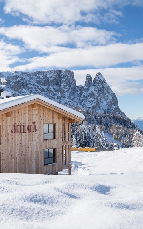 Wooden house in snow-covered mountain landscape